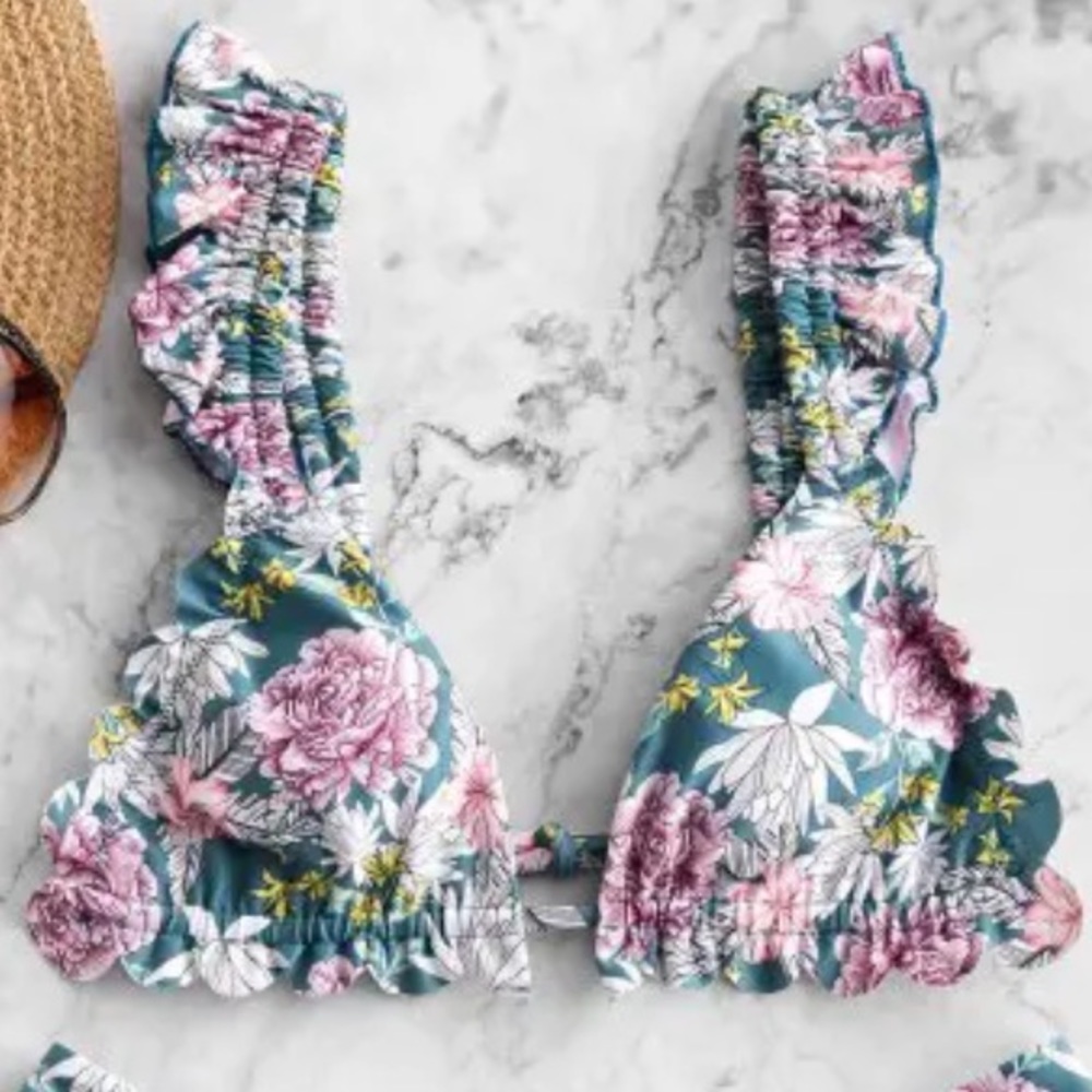 NEW Flower Ruffle High Waisted Bikini Swimsuit | Floral Ruffle Bikini - Picture 4 of 7